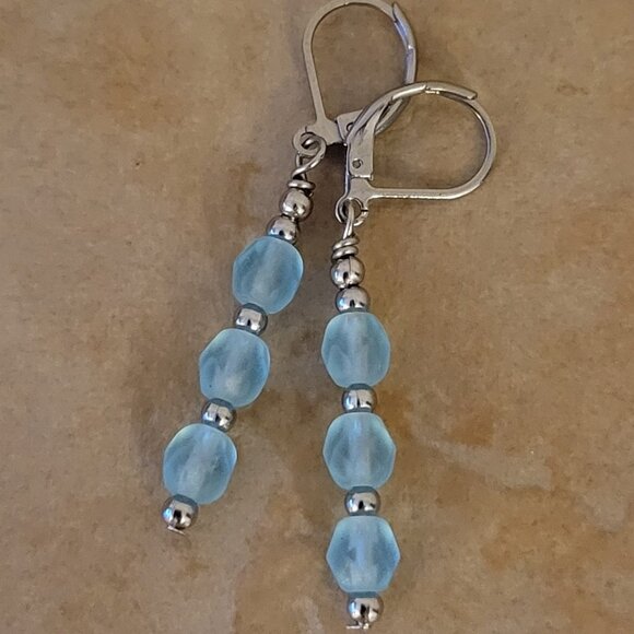 Blue Czech Crystal Earrings Firepolished Stainless Steel Leverback Earwires - Picture 1 of 4